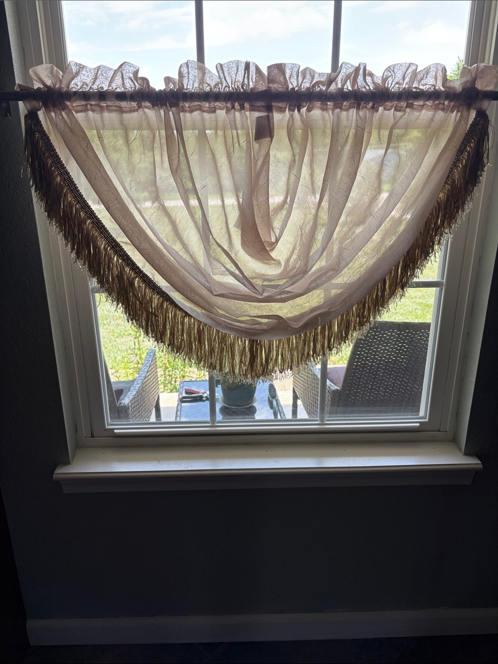 Home Collection Sheer Cream Window Swag with Gold Fringe.  Set of three.